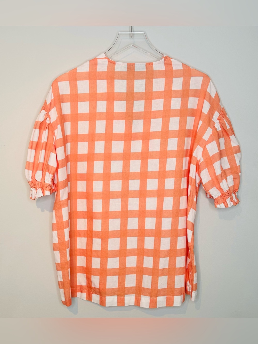Brooke Wright Orange White Gingham V-Neck Puff Sleeve Tunic Blouse Shirt Top - Picture 2 of 10